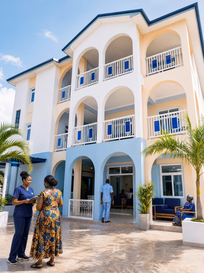 Illustrative scene: A three-storey building with white and peach arches and a pale-blue arcade at ground level.