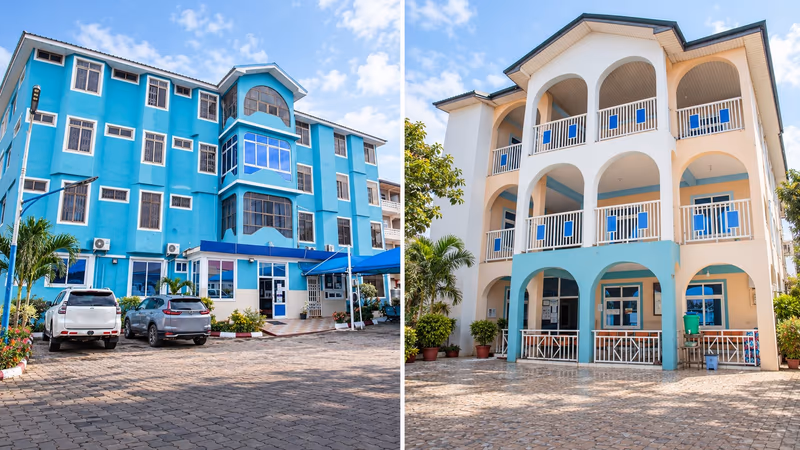Illustrative scene: A visual diptych: the blue Kumasi main hospital on the left and the cream-and-peach arched Accra branch on the right.