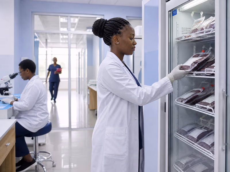 Illustrative scene: A laboratory scientist in a white coat takes a sealed blood bag from a glass-door blood bank refrigerator.