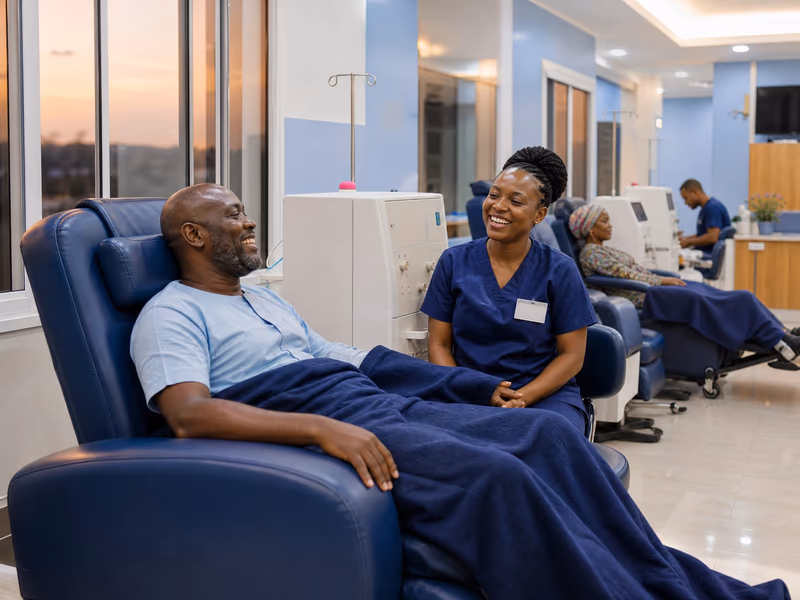 Illustrative scene: A nurse and a man in a navy reclining chair share a laugh during his dialysis session in evening light.
