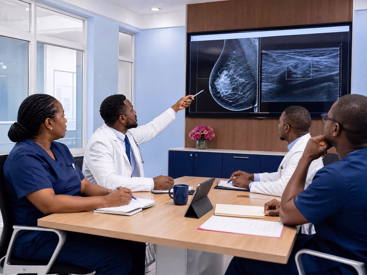 Illustrative scene: Doctors and a nurse at a meeting table review a mammogram shown on a large wall screen.