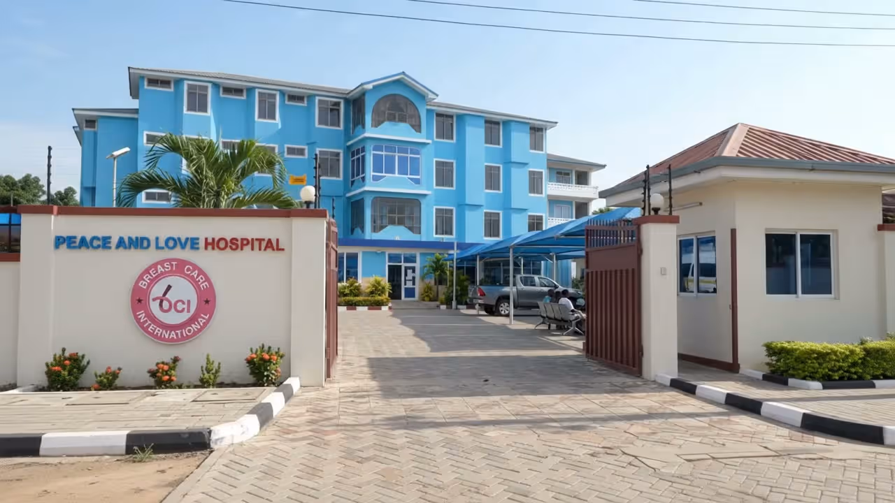 Illustration of the renovated Peace and Love Hospital entrance in Kumasi.